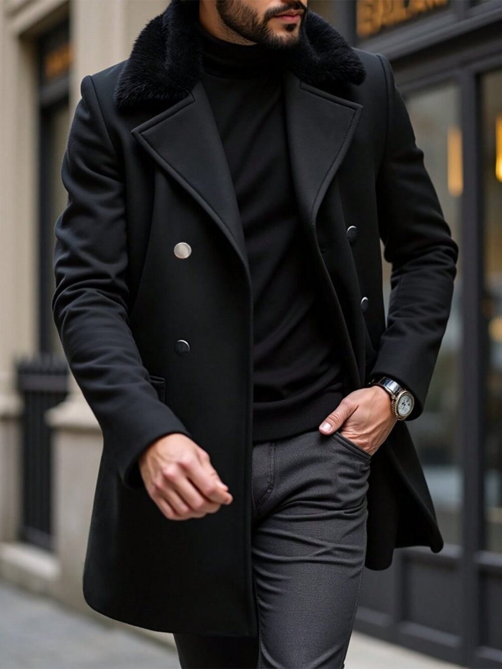 Black Regular Fit Men's Double Breasted Lapel faux fur collar Overcoat